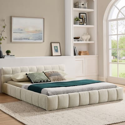 MODENUIT Gestoffeerd bed 140x200 cm – Chenille met vierkante stiksels – Hout-metaal frame – Zonder matras – Beige
