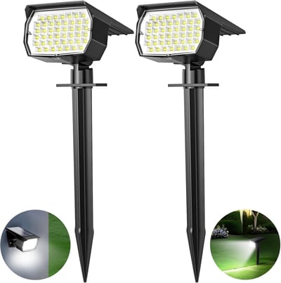 Solar Buitenspots (Set van 2) – [53 LED / 3 Modi] Waterdichte Solar Landschapsspots – 2-in-1 Automatische Aan/Uit Verlichting op Zonne-energie voor Tuin, Muur & Pad (Koel Wit)