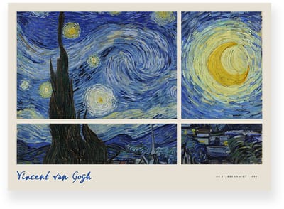 Poster 40x30 cm - Sterrennacht - Vincent van Gogh - Blauw - Geel - Beige - Klassiek - Postimpressionisme - Wanddecoratie