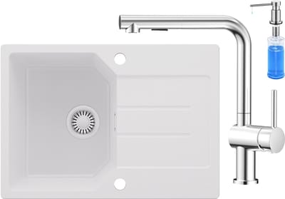 Anycee MAX Granieten Spoelbak 65x45CM - Spoelbakken Keuken Wit - Wasbak Keuken Met 360°Draaibereik Keukenkraan en Zeepdispenser - Spoelbak Met Planchet en Afdruiprek - Spoelbakken Incl. Sifon en Afvoerzeefje