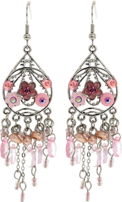 Behave - Zilverkleurige oorhangers met roze bloemen en kraaltjes - Fashion sieraden