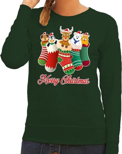 Bellatio Decorations Foute Kersttrui - sweater - kerstsokken met diertjes - Merry Christmas - groen - voor dames XS