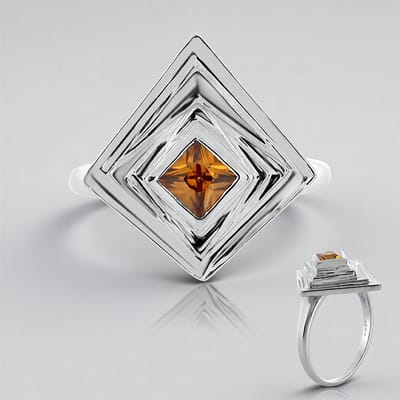 Cavill - Zilveren ring - 925 Sterling zilver geplatineerd - 0,95 ct Bruine Princess geslepen Zirkoon - Moderne ruitvorm ring - Elegante damesring