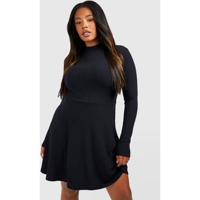 boohoo Dames Plus Soft Rib Hoge Hals Skaterjurk | Zwart | Maat: 44