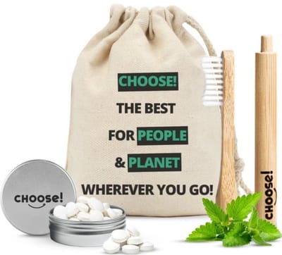 CHOOSE Travel Kit - Reisblikje met Tandpasta Tabletten, Bamboe Tandenborstel en Katoenen Zakje