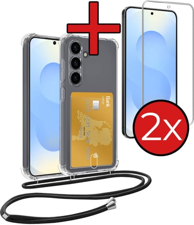 Hoesje Geschikt voor Samsung S25 FE Hoesje Met Telefoonkoord en Pasjeshouder Met 2x Screenprotector Siliconen - Hoes Geschikt voor Samsung Galaxy S25 FE Hoesje Met Kaarthouder Shock Proof Case - Transparant