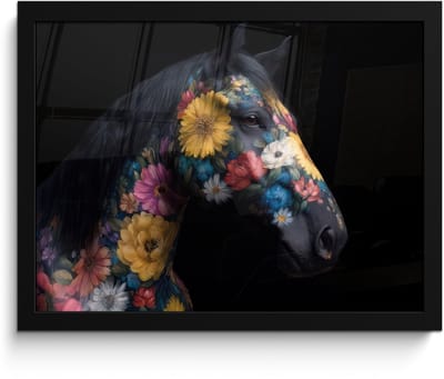 Poster in lijst - Fotolijst 40x30 cm - Posters - Paard - Bloemen - Zwart - Posterlijst zwart - Decoratie - Wanddecoratie woonkamer - Muurdecoratie slaapkamer