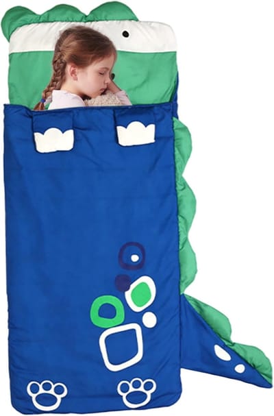 Kinderslaapzak - Kamperen slaapzak kind - Dekenmodel - Cartoon Dinosaurus - 24x63 Inch Formaat - Opvouwbaar met Rits - Voor Outdoor Avontuur - Camping - Picknick - Reis - Comfortabel en Makkelijk mee te Nemen