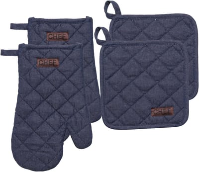 Luance Ovenwant set met pannenlap - 2x - blauw - katoen - 18 x 28 cm - chef - keukenbenodigdheden