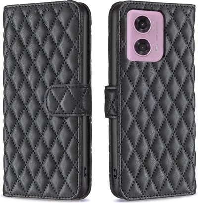 BINFEN Hoesje - Geschikt voor Motorola Moto G04(s) / G24 / E14 Hoesje - BINFEN Rhombus Book Case - Zwart