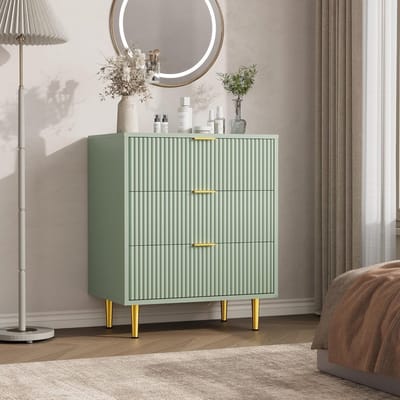 Ladekast met 3 Lades - Moderne Commode met Geribbelde Voorkant - Gouden Handgrepen & Metalen Poten - Voor Slaapkamer, Woonkamer en Hal - Olijfgroen