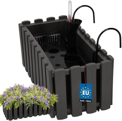 KOTARBAU® Balkonbak, Bloembak voor Balkon, Kunststof, 38 x 18 x 16 cm, Grijs, Balkonbak met Houder, Zelfbewaterend Systeem, Balkon Plantenbak, Weerbestendige Plantenbak