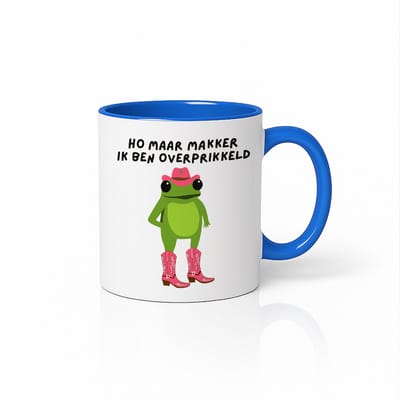 Blauw-Witte Mok – “Ho Maar Makker Ik Ben Overprikkeld” – Grappige Kikker met Roze Cowboylaarsjes – Leuk Humoristisch Cadeau – 330ml Keramische Beker