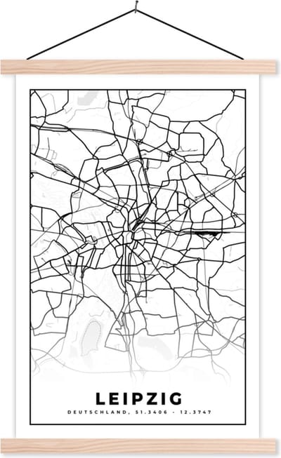Posterhanger incl. Poster 40x60 cm - Schoolplaat - Leipzig - Plattegrond - Kaart - Stadskaart - Textielposter - Blanke latten - Stadskaart