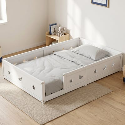 Kinderbed 140x200 cm - Montessori vloerbed met uitvalbeveiliging en lattenbodem - Eenpersoonsbed - Ster en maan ontwerp - Hout - Wit