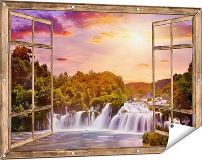 Gards Tuinposter Doorkijk Watervallen in het Bos - 120x80 cm - Tuindoek - Tuindecoratie - Wanddecoratie buiten - Tuinschilderij