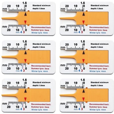 Dailygoods- Bandenprofielmeter 6 stuks - Draagbare Dieptemeter 0-20 mm - Bandenliniaal - Veiligheid - Geel - Soepel Schuifontwerp - Bandendiepte