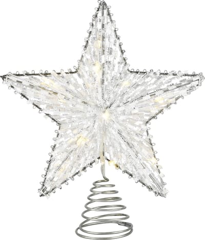 Dekoratief | Kerstboompiek ster, wit/zilver, rotan, LED, 25x5x25cm | A235180