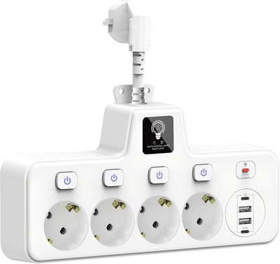 Stekkeradapter met Touch-nachtlampje met 4 stopcontacten - 2 Type-C + 2 USB-aansluitingen - EU stopcontactdoos met individuele schakelaars - overspanningsbeveiliging - zwart voor thuis