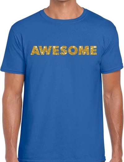 Awesome goud glitter tekst t-shirt blauw voor heren S
