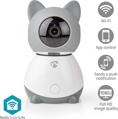 Nedis SmartLife Beveiligingscamera Binnen - 1080p - Huisdiercamera met App - Pan tilt - Bewegingssensor - Nachtzicht - Grijs