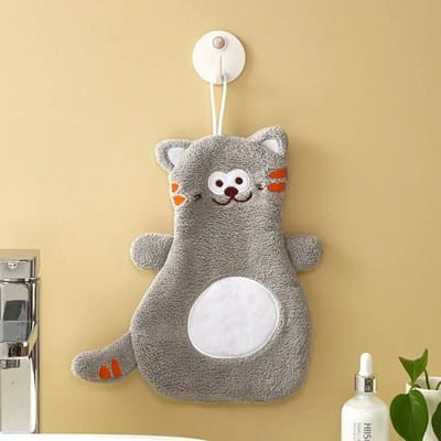 Serviette de toilette en velours corail, motif chat, dessin animé, absorbante, séchage rapide, pour enfants, pour la cuisine et la salle de bain beige
