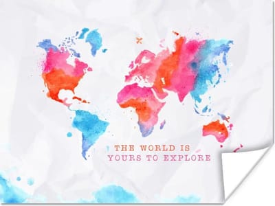 Wereldkaarten - Wereldkaart - Spreuk - Motivatie - Reizen - 80x60 cm