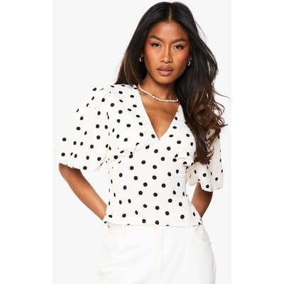 boohoo Dames Satijn blouse met polkadot en puffmouwen | Creme | Maat: 34