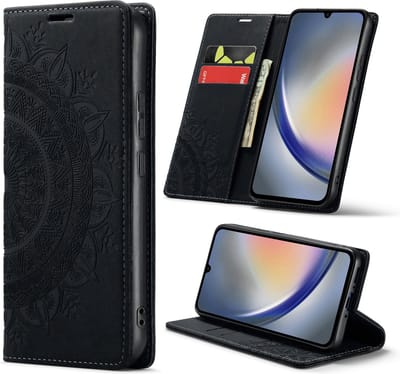 Casemania Hoesje Geschikt voor Samsung Galaxy A15 - Charcoal Gray - Mandala Dunne Portemonnee Book Case - Slim Wallet Case met Pasjeshouder