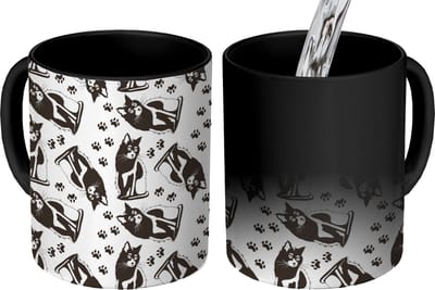 Magische Mok - Foto op Warmte Mokken - Koffiemok - Patronen - Kat - Zwart - Wit - Jongens - Meisjes - Kinderen - Kind - Magic Mok - Beker - 350 ML - Theemok
