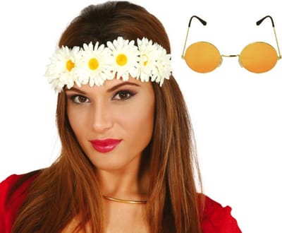 Fiestas Flower Power verkleed accessoires dames - Bloemen hoofdband - Hippie bril ronde glazen in het oranje thema - Sixties thema
