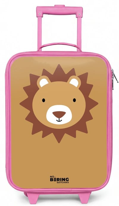 NoBoringSuitcases.com® - Kinderkoffer roze - Kindertrolley meisje - Bruine leeuw dierenportret - Koffer kind lichtgewicht - Reiskoffer trolley voor kinderen - Koffertje met lichtgevende wieltjes - Rolkoffer