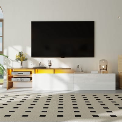 Modern TV-kast 170×33×33,5 cm – Hoogglans wit met houtlook, glazen planken, LED-verlichting en praktische opbergruimte