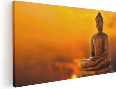 Artaza Canvas Schilderij Boeddha - 40x20 cm - Klein - Wanddecoratie Zonsondergang - Muurdecoratie Spiritueel - Decoratie Woonkamer