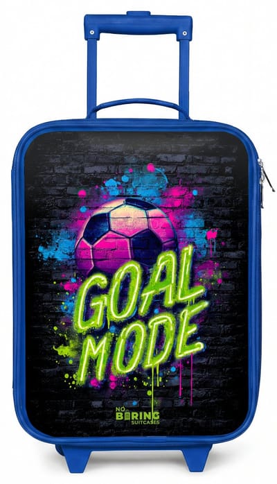 NoBoringSuitcases.com® - Kinderkoffer blauw - Kindertrolley jongen - Neon - Graffiti - Voetbal - Kleurrijk - Koffer kind lichtgewicht - Reiskoffer trolley voor kinderen - Koffertje met lichtgevende wieltjes - Rolkoffer