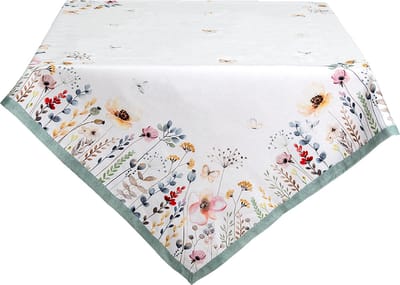 Clayre & Eef Tafelkleed 130x180 cm Wit Groen Katoen Rechthoek Bloemen Tafellaken