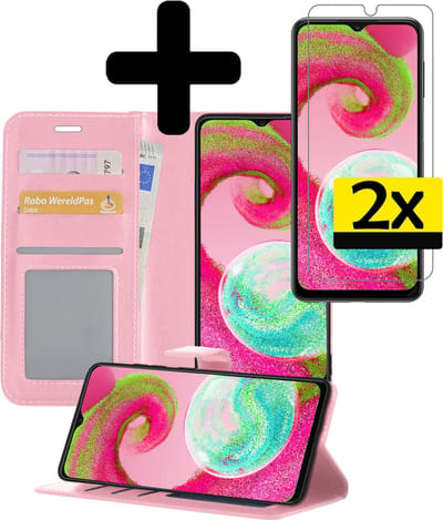Hoesje - Met 2x Screenprotector - Geschikt voor Samsung Galaxy A04s - Luxe Pasjeshouder - Bookcase Portemonee - Flip Case - Kunstleer Book Case - Flipcase Hoes - Book Cover - Walletcase - Portemonneehoes - Telefoonhoesjes - Lichtroze