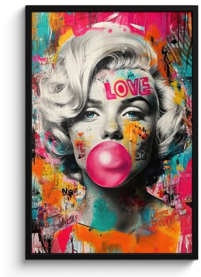 Poster in lijst - Fotolijst 60x90 cm - Posters - Vrouw - Kauwgom - Graffiti - Neonkleuren - Posterlijst zwart - Decoratie - Wanddecoratie woonkamer - Muurdecoratie slaapkamer
