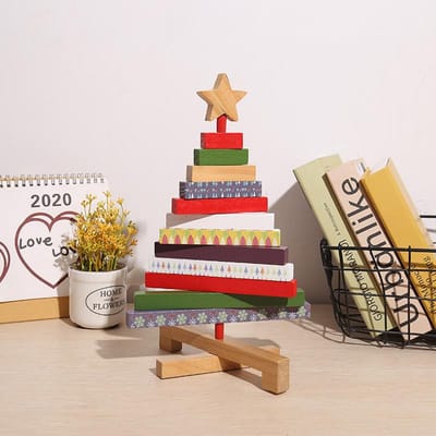 Creatieve Houten Draaiende Boom Kerstblok Leuke Decoratie Huis Desktop Kerstsfeer Decoratie Arrangement beige