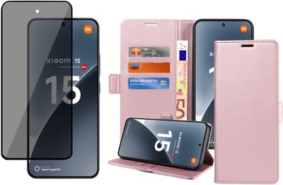 Book Case & Privacy Screenprotector geschikt voor Xiaomi 15 Hoesje Screenprotector - Privé - Gehard Glas Cover - Magnetische Sluiting - Portemonnee Rose