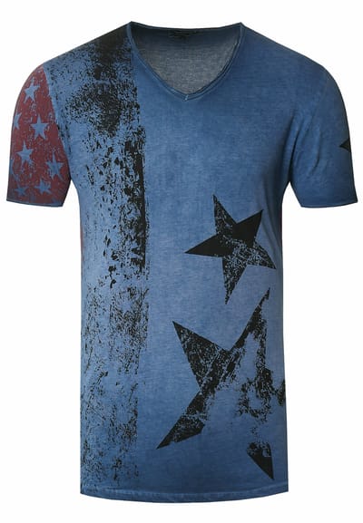 USA T-shirt met sterren en strepen en V-hals in gebruikte look