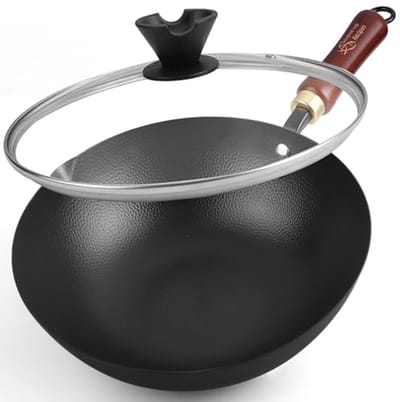 10 Inch Carbon Steel Wok voor Elektrische, Inductie en Gasfornuizen - Inclusief Deksel en Gebruikershandleiding