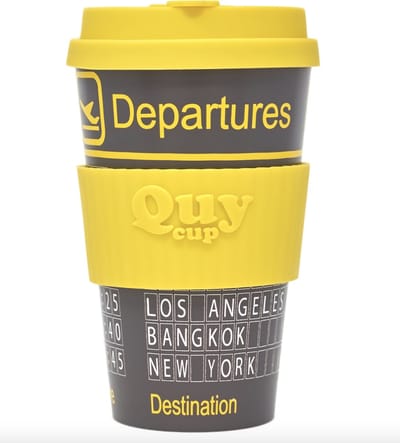 Quy Cup 400ml Ecologische Reis Beker - "Departures" - BPA Vrij - Gemaakt van Gerecyclede Pet Flessen met Gele Siliconen deksel