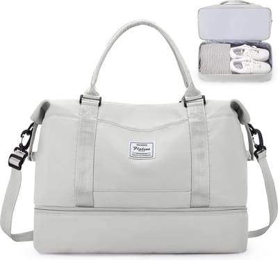Reistas voor dames, handbagage, tas, sporttas, weekendtas, zwemtas, waterdicht, reistas, duffle bag, fitnesstas, trainingstas, ziekenhuistas met schoenenvak, G15 lichtgrijs