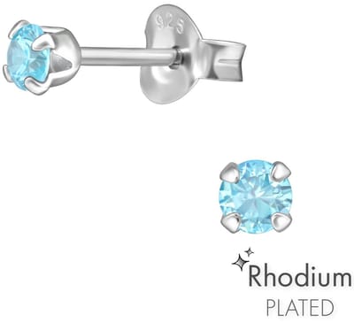 Joy|S - Zilveren oorknopjes 3 mm - aqua blauw - zirkonia - rhodium plated - oorbellen