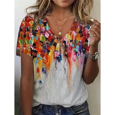 T-shirt d'été Harajuku pour femmes Vêtements à imprimé fleurs 3D Tops à manches courtes et col en V Mode Dames Pull T-shirts féminins surdimensionnés 5XL brown