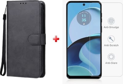 Motorola Moto G14 agenda book case hoesje zwart + glas screenprotector
