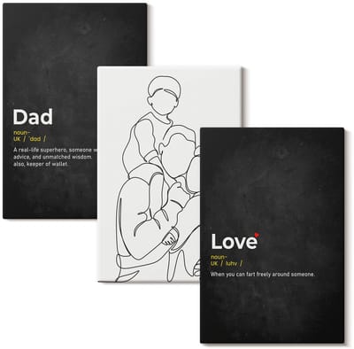 Wallfluent Set van canvas schilderijen - Familielijnkunst met definities van liefde en vaderschap Canvas Schilderijen Set - set 3 stuks 20x30 cm - Zwart en wit Set van Canvas Prints - Mensen Canvas Kunst Set - Boheemse Canvas Kunst Set
