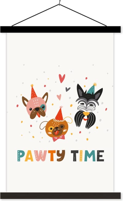 Posterhanger incl. Poster 40x60 cm - Schoolplaat - Quotes - Spreuken - Pawty time - Honden - Textielposter - Zwarte latten
