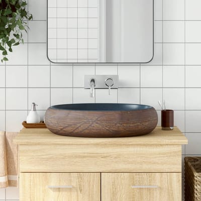 vidaXL - Opzetwasbak - ovaal - 59x40x15 - cm - keramiek - bruin - en - blauw